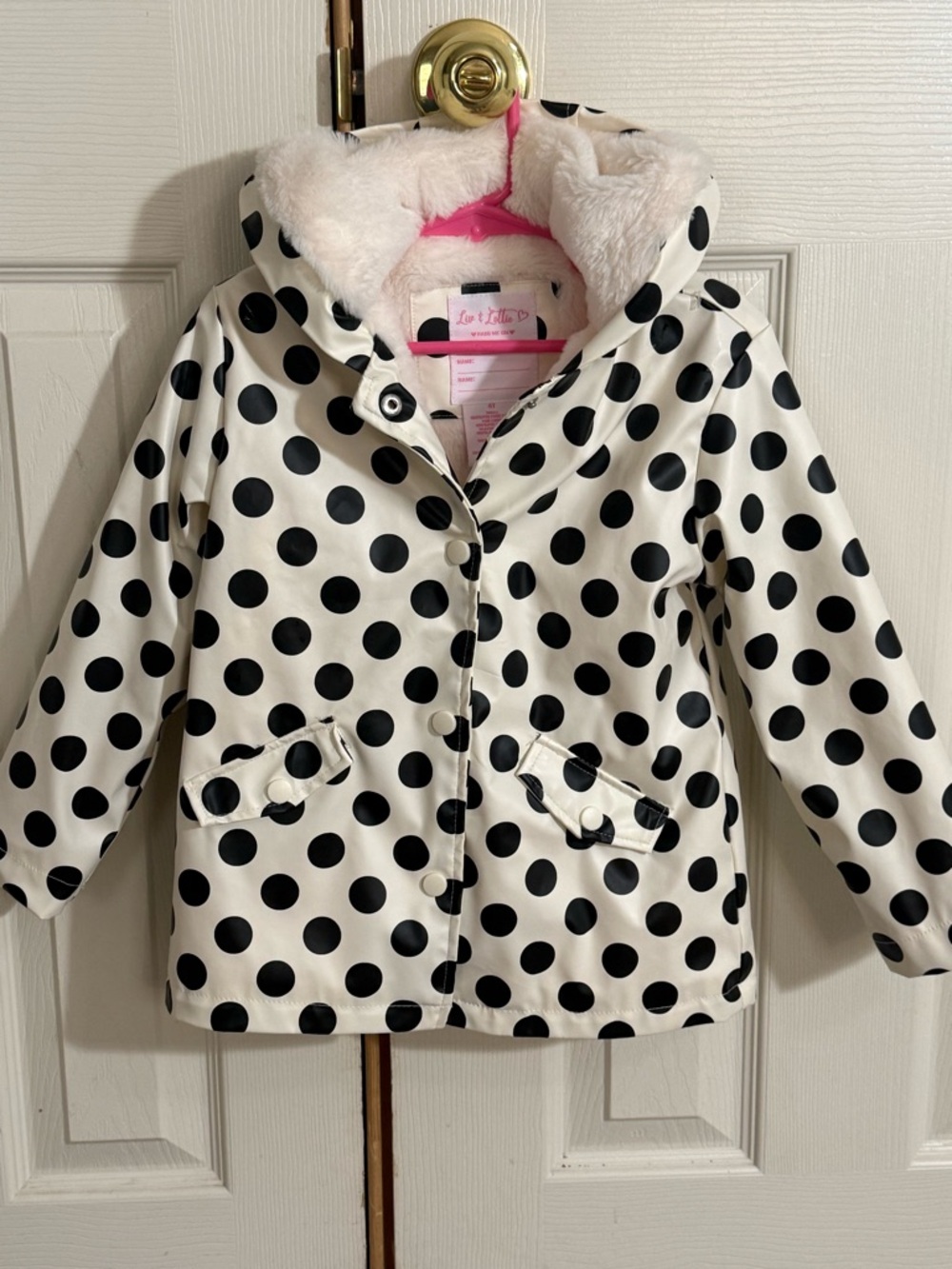 Girls Polka Dot Rain Jacket 4T Faux Fur Hood Black White Cute Boutique Coat